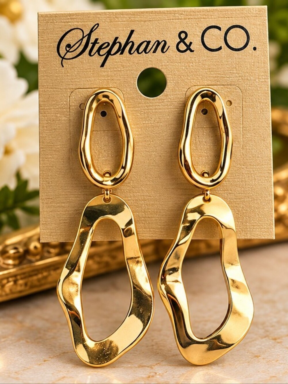 Stephan & Co Gold Tone Organic Geometric Dangle Statement Earrings NWT
